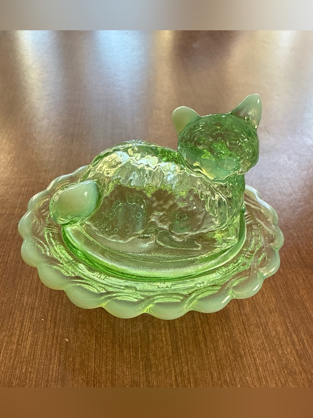 Mini Mosser Light Green Opalescent Cat on nest - not vintage